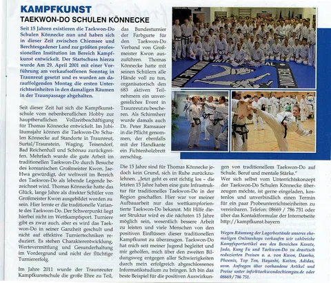 Zeitungsausschnitt "Kampfkunst: Taekwon-Do Schulen Könnecke" mit Gruppenfoto vieler Taekwon-Do-Schüler sowie Trainingsfotos vom Bundesturnier der Farbgurte in Traunreut