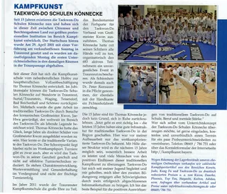 Zeitungsausschnitt "Kampfkunst: Taekwon-Do Schulen Könnecke" mit Gruppenfoto vieler Taekwon-Do-Schüler sowie Trainingsfotos vom Bundesturnier der Farbgurte in Traunreut