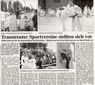 Zeitungsseite Traunreuter Anzeiger vom 23. Juli 2001 über den Traunreuter Sporttag mit Foto der Taekwon-Do-Vorführung der Taekwondoschule Traunreut