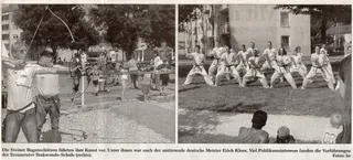 Bildseite Traunreuter Anzeiger vom 5. August 2002: links die Steiner Bogenschützen, rechts die Traunreuter Taekwondo-Schule in Kampfstellung vor Wohnblocks und Publikum