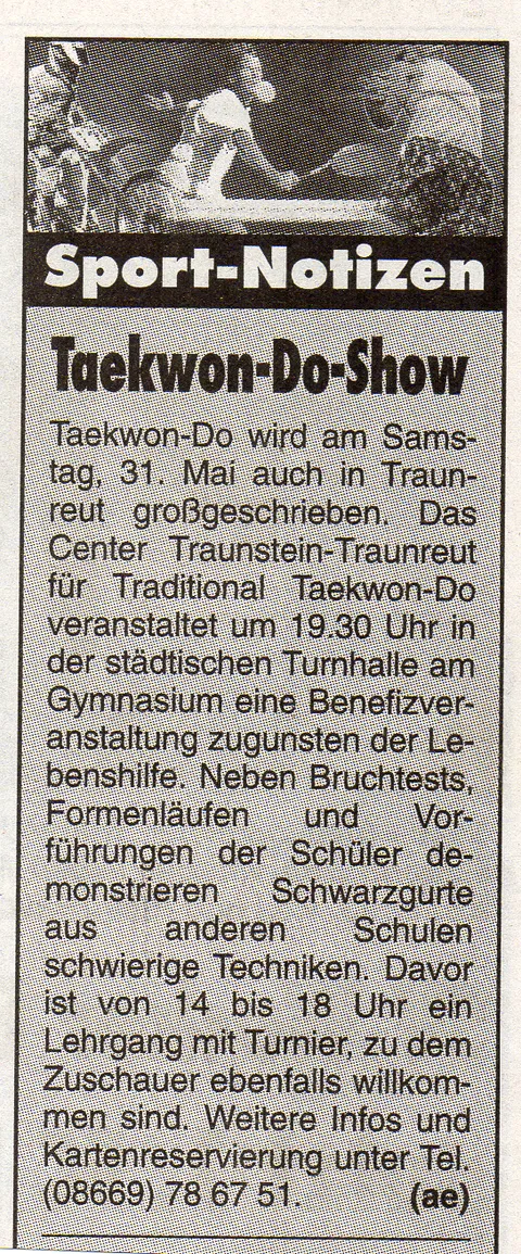 Zeitungsausschnitt Wochenblatt vom 28. Mai 2003, Rubrik Sport-Notizen: „Taekwon-Do-Show" – Benefizveranstaltung zugunsten der Lebenshilfe am 31. Mai in der Turnhalle am Gymnasium Traunreut