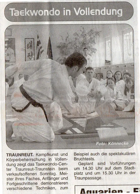Zeitungsausschnitt vom 21. April 2004 „Taekwondo in Vollendung": Bruchtest mit der Hand vor sitzenden Schülern in der Trainingshalle des Taekwondo-Centers Traunreut