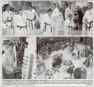 Bildseite Traunreuter Anzeiger vom 7. März 2005: Taekwondo-Gruppe mit Schwarz- und Blaugurten in einer Reihe beim Auftritt in der Traunpassage, unten Schnäppchen-Markt in der Werner-von-Siemens-Hauptschule