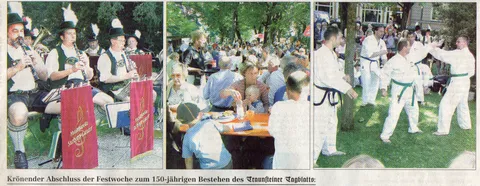Bildseite Traunsteiner Tagblatt vom 11. Juli 2005: Musikkapelle Surberg-Lauter, voller Festgarten und rechts die Taekwondo-Vorführung mit Schwarz- und Grüngurten auf dem Rasen – Abschluss der Festwoche zum 150-jährigen Bestehen