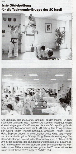 Zeitungsausschnitt Anzeiger Inzell vom 9. Juni 2006: Sprungtritt-Vorführung und volle Trainingshalle bei der ersten Gürtelprüfung der Taekwondo-Gruppe des SC Inzell im Taekwon-Do Center Traunreut