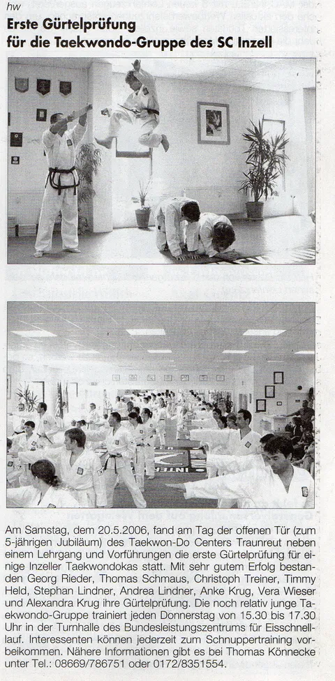 Zeitungsausschnitt Anzeiger Inzell vom 9. Juni 2006: Sprungtritt-Vorführung und volle Trainingshalle bei der ersten Gürtelprüfung der Taekwondo-Gruppe des SC Inzell im Taekwon-Do Center Traunreut