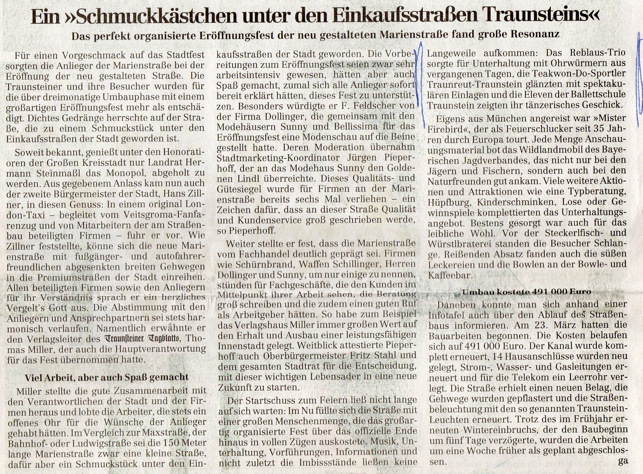 Zeitungsartikel Traunsteiner Tagblatt vom 10. Juli 2006: „Ein Schmuckkästchen unter den Einkaufsstraßen Traunsteins“ über das Eröffnungsfest der Marienstraße