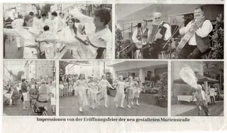 Bildseite Traunsteiner Tagblatt vom 10. Juli 2006: Taekwon-Do-Gruppe Traunreut-Traunstein in weißen Doboks bei der Vorführung auf der neu gestalteten Marienstraße, daneben Reblaus-Trio und Ballettschule