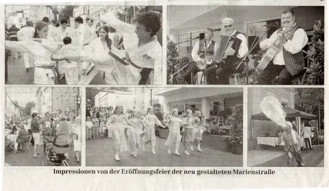 Bildseite Traunsteiner Tagblatt vom 10. Juli 2006: Taekwon-Do-Gruppe Traunreut-Traunstein in weißen Doboks bei der Vorführung auf der neu gestalteten Marienstraße, daneben Reblaus-Trio und Ballettschule