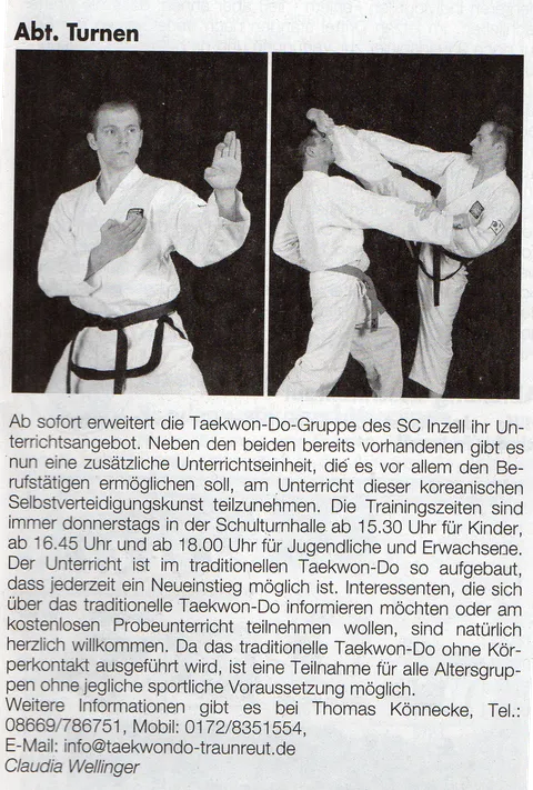 Zeitungsausschnitt Anzeiger Inzell vom 1. Dezember 2006: Thomas Könnecke in Abwehrhaltung und beim Tritt – Taekwon-Do-Gruppe des SC Inzell erweitert ihr Unterrichtsangebot
