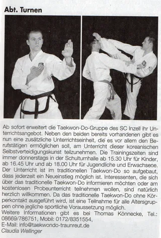 Zeitungsausschnitt Anzeiger Inzell vom 1. Dezember 2006: Thomas Könnecke in Abwehrhaltung und beim Tritt – Taekwon-Do-Gruppe des SC Inzell erweitert ihr Unterrichtsangebot