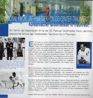 Magazinseite BIZZ Februar 2007: Panorama der Trainingshalle des Taekwon-Do Centers Traunreut, Porträt Großmeister Kwon Jae-Hwa und historisches Foto des Goodwill-Teams mit General Choi Hong-Hi 1965