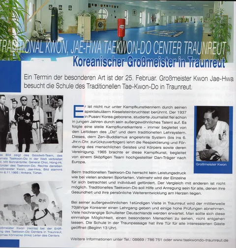 Magazinseite BIZZ Februar 2007: Panorama der Trainingshalle des Taekwon-Do Centers Traunreut, Porträt Großmeister Kwon Jae-Hwa und historisches Foto des Goodwill-Teams mit General Choi Hong-Hi 1965