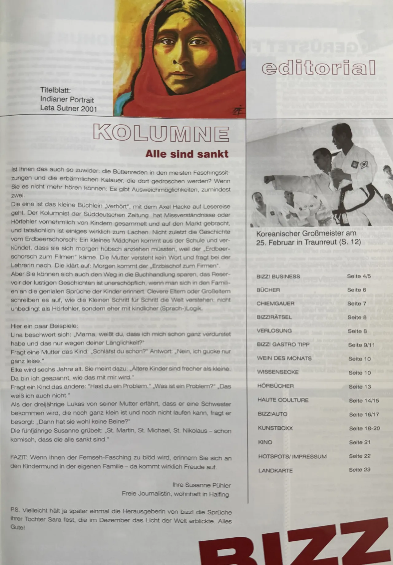 Editorial-Seite der BIZZ!-Ausgabe Februar 2007 mit Programmhinweis „Koreanischer Großmeister am 25. Februar in Traunreut, S. 12" im Inhaltsverzeichnis