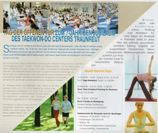 Magazinseite BIZZ April 2008: Drei Fotos einer voll besetzten Trainingshalle mit Dehnübungen beim Lehrgang – Tag der offenen Tür zum 7-jährigen Jubiläum des Taekwon-Do Centers Traunreut
