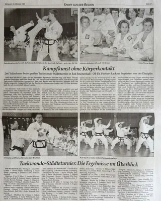 Reichenhaller Tagblatt vom 28. Oktober 2009, Seite 21 „Sport aus der Region": „Kampfkunst ohne Körperkontakt" mit vier Fotos vom Taekwondo-Städteturnier und vollständiger Ergebnisliste