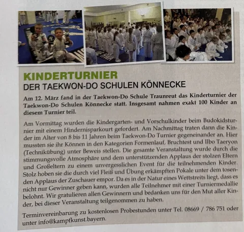 Traunreuter Stadtblatt, April 2016: „Kinderturnier der Taekwon-Do Schulen Könnecke" mit drei Fotos von Pokalübergabe, Antreten und wartenden Kindern in weißen Doboks
