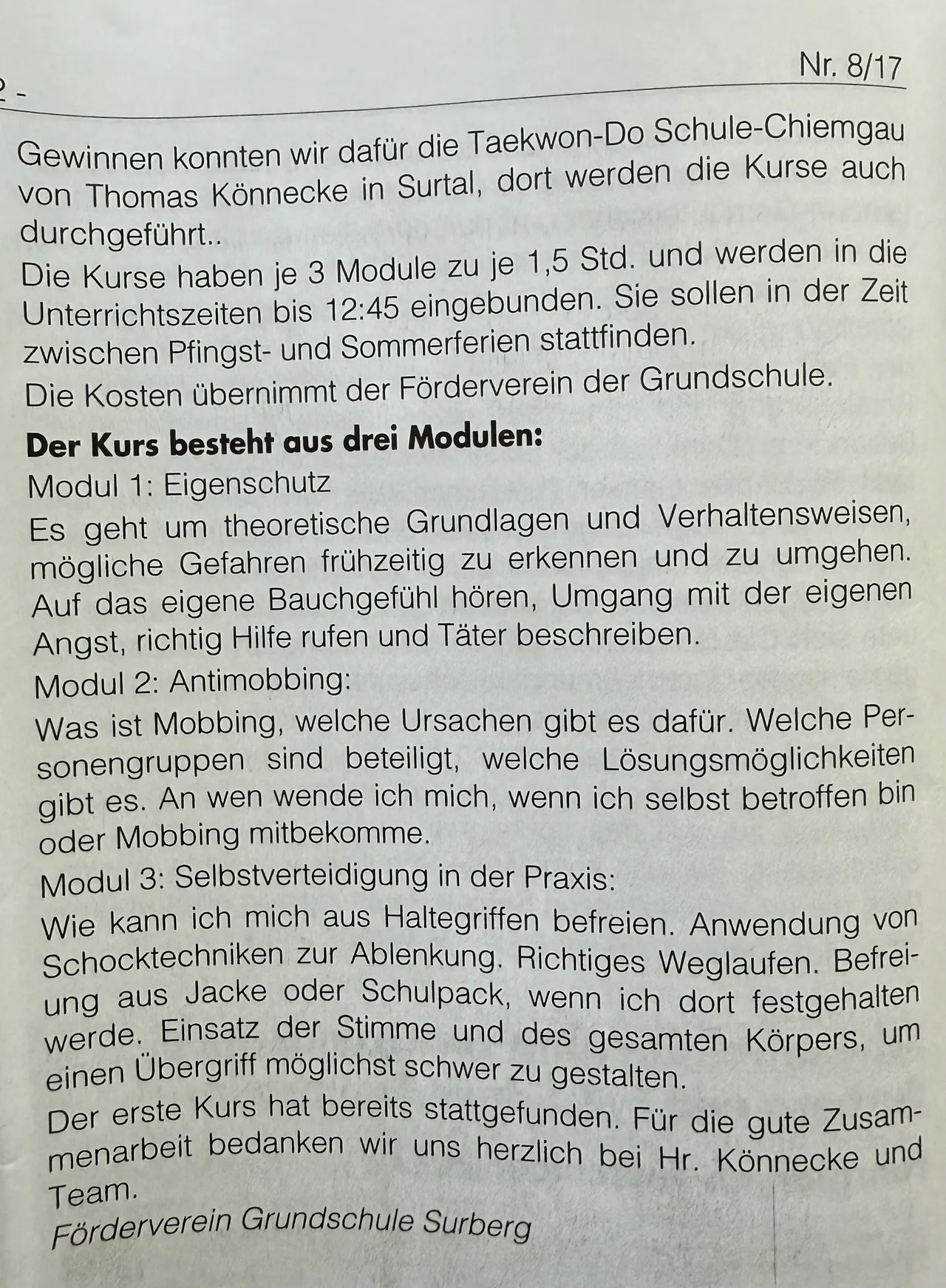 Selbstbehauptungskurs für die 4. Klassen, Gemeindeanzeiger Surberg Nr. 8/17