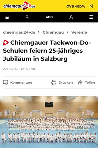 Screenshot chiemgau24.de vom 22. Juli 2026: „Chiemgauer Taekwon-Do-Schulen feiern 25-jähriges Jubiläum in Salzburg" mit Gruppenfoto aller Teilnehmer im Sportzentrum Salzburg Nord