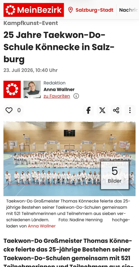 Screenshot MeinBezirk.at vom 23. Juli 2026: „Kampfkunst-Event – 25 Jahre Taekwon-Do-Schule Könnecke in Salzburg" mit Gruppenfoto der 521 Teilnehmer im Sportzentrum Nord