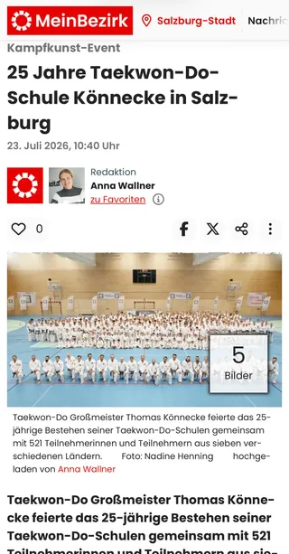Screenshot MeinBezirk.at vom 23. Juli 2026: „Kampfkunst-Event – 25 Jahre Taekwon-Do-Schule Könnecke in Salzburg" mit Gruppenfoto der 521 Teilnehmer im Sportzentrum Nord