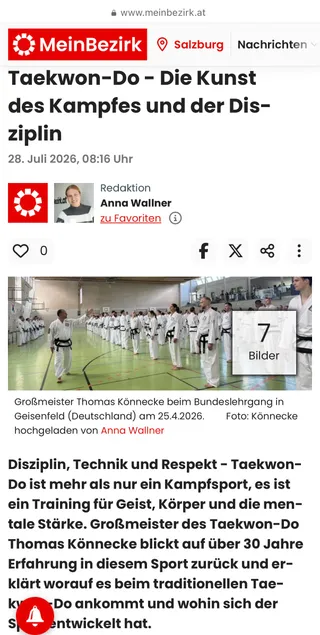 Screenshot MeinBezirk.at vom 28. Juli 2026: Interview „Taekwon-Do – Die Kunst des Kampfes und der Disziplin" mit Foto von Großmeister Thomas Könnecke beim Bundeslehrgang in Geisenfeld