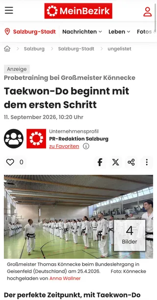 Screenshot MeinBezirk.at vom 11. September 2026: „Taekwon-Do beginnt mit dem ersten Schritt" mit Foto von Großmeister Thomas Könnecke beim Bundeslehrgang in Geisenfeld