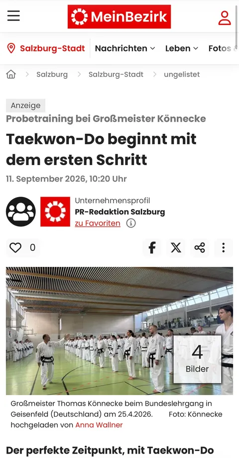 Screenshot MeinBezirk.at vom 11. September 2026: „Taekwon-Do beginnt mit dem ersten Schritt" mit Foto von Großmeister Thomas Könnecke beim Bundeslehrgang in Geisenfeld