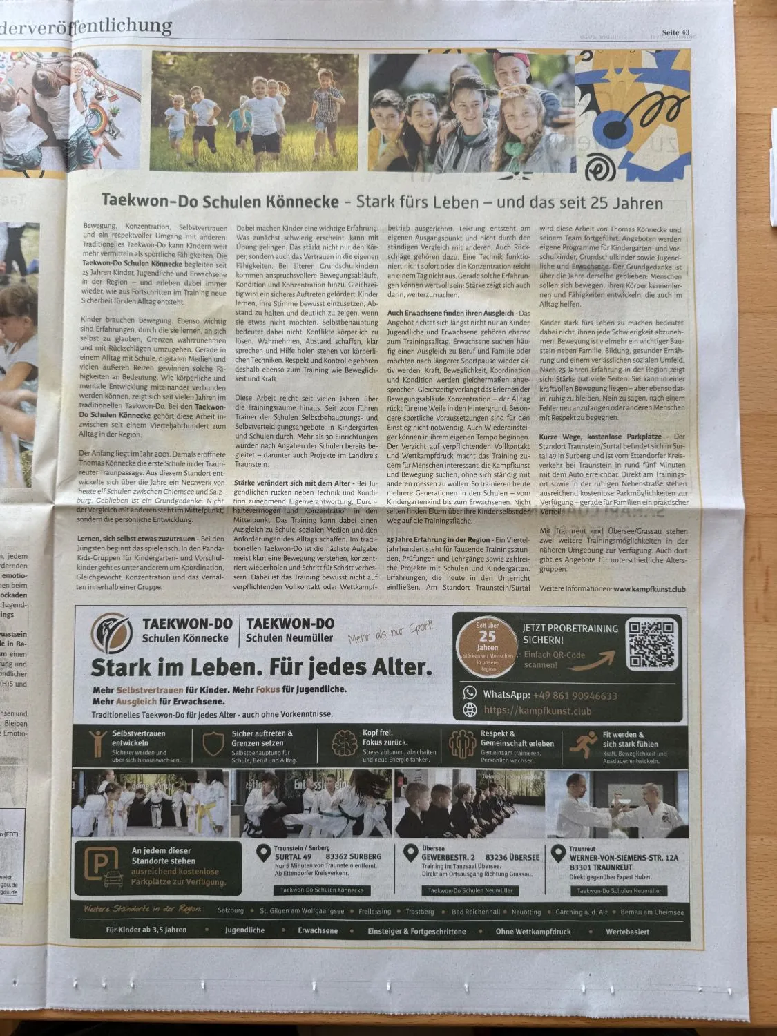 Seite 43 des Traunsteiner Tagblatts vom 19. September 2026 mit der Sonderveröffentlichung „Taekwon-Do Schulen Könnecke – Stark fürs Leben – und das seit 25 Jahren“ und der Anzeige der Taekwon-Do Schulen Könnecke und Neumüller