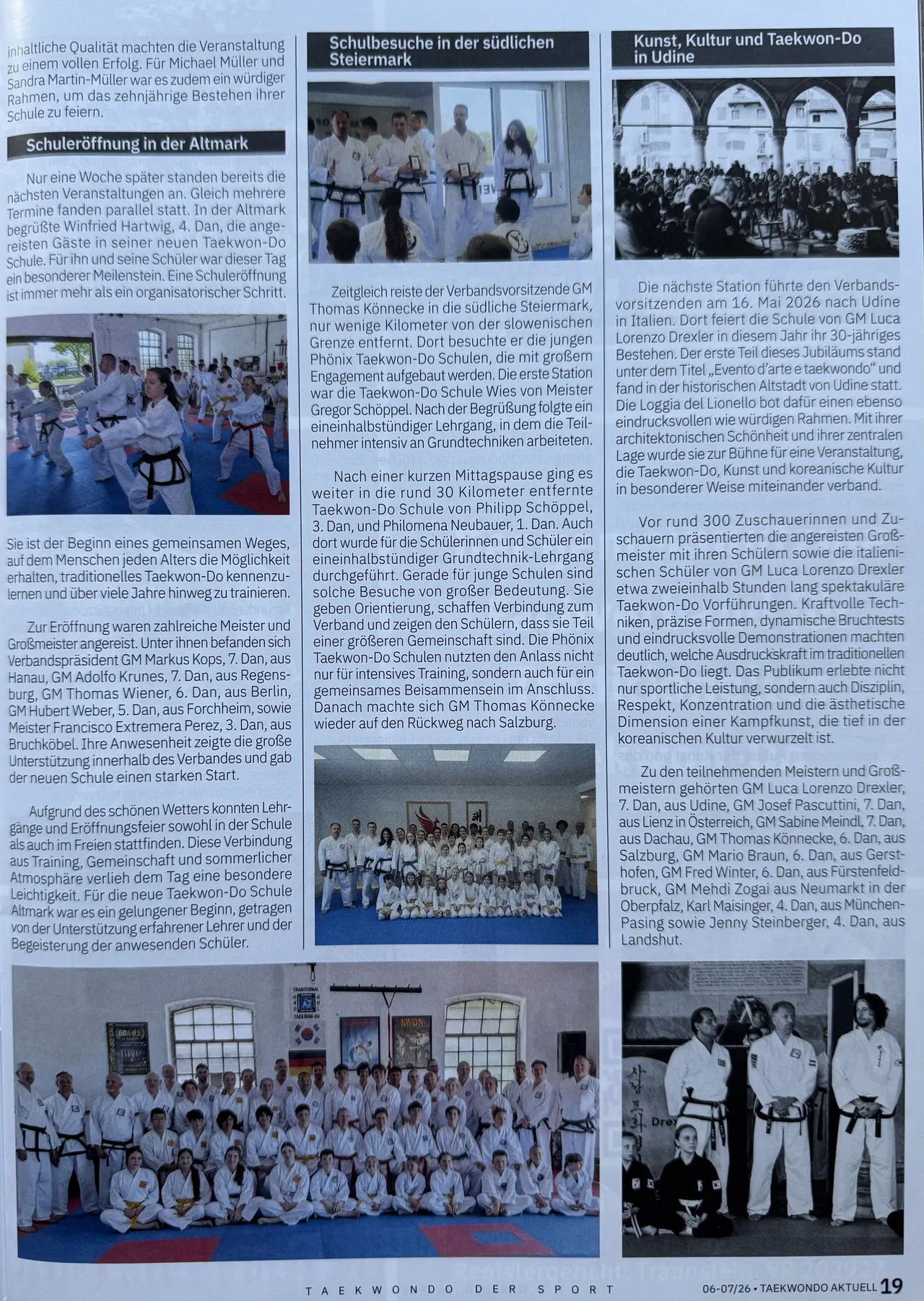 Artikelseite 19, Taekwondo Aktuell 06-07/2026: Schuleröffnung Altmark, Schulbesuche Steiermark, Kunst und Kultur in Udine