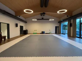 Neuer Trainingsraum der Taekwon-Do-Gruppe Bernau am Chiemsee mit grau-weißer Mattenfläche unter einer geschwungenen Holzgewölbedecke mit Ringleuchten