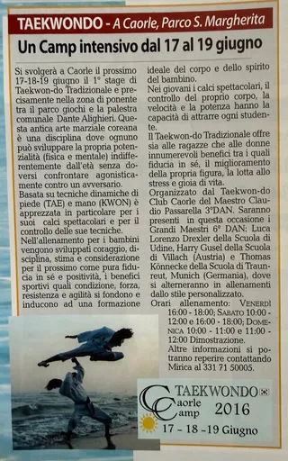 Italienischer Zeitungsbericht über das Taekwon-Do-Camp in Caorle vom 17. bis 19. Juni 2016