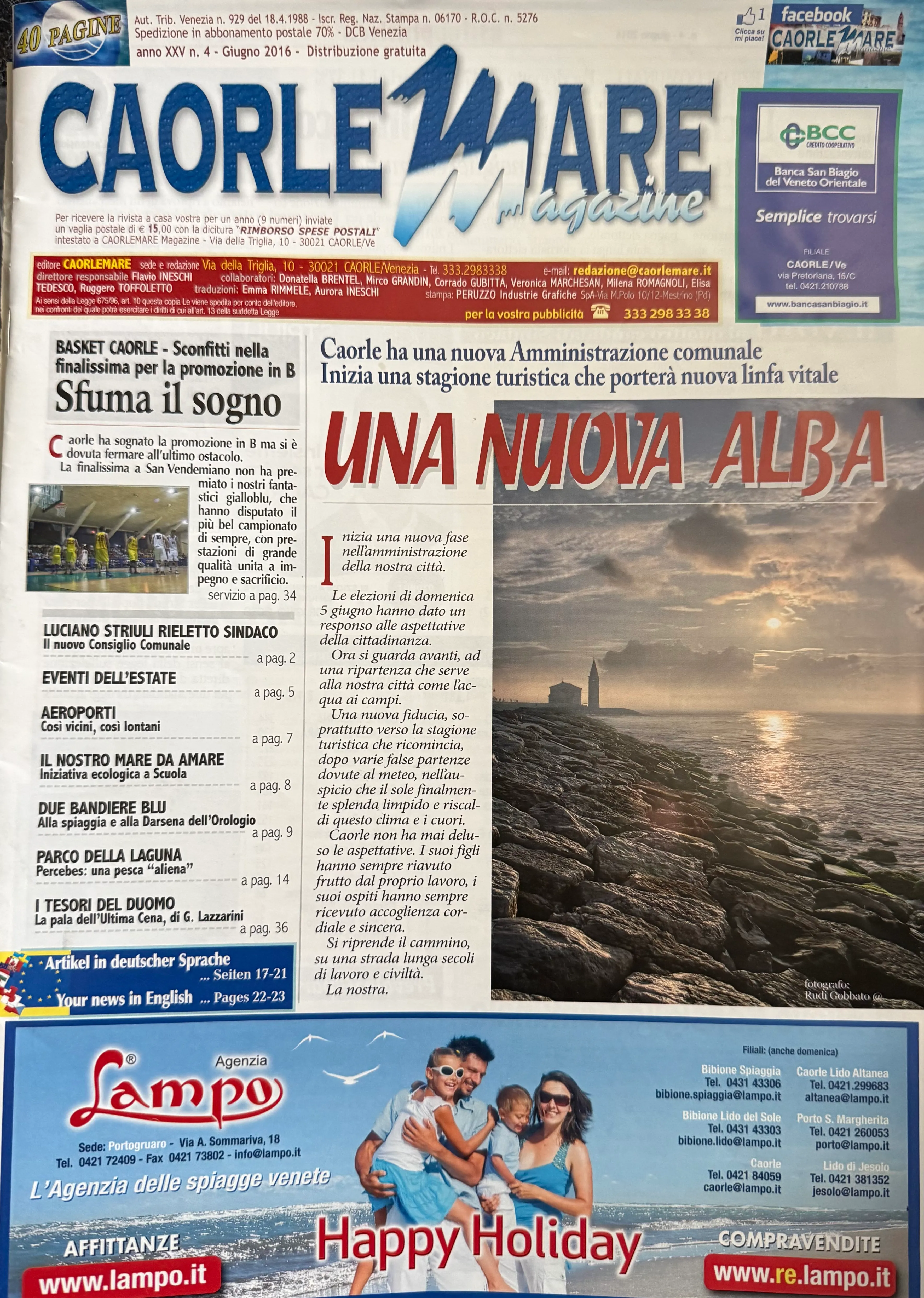 Titelseite des CaorleMare magazine vom Juni 2016 mit Küstenaufnahme von Caorle