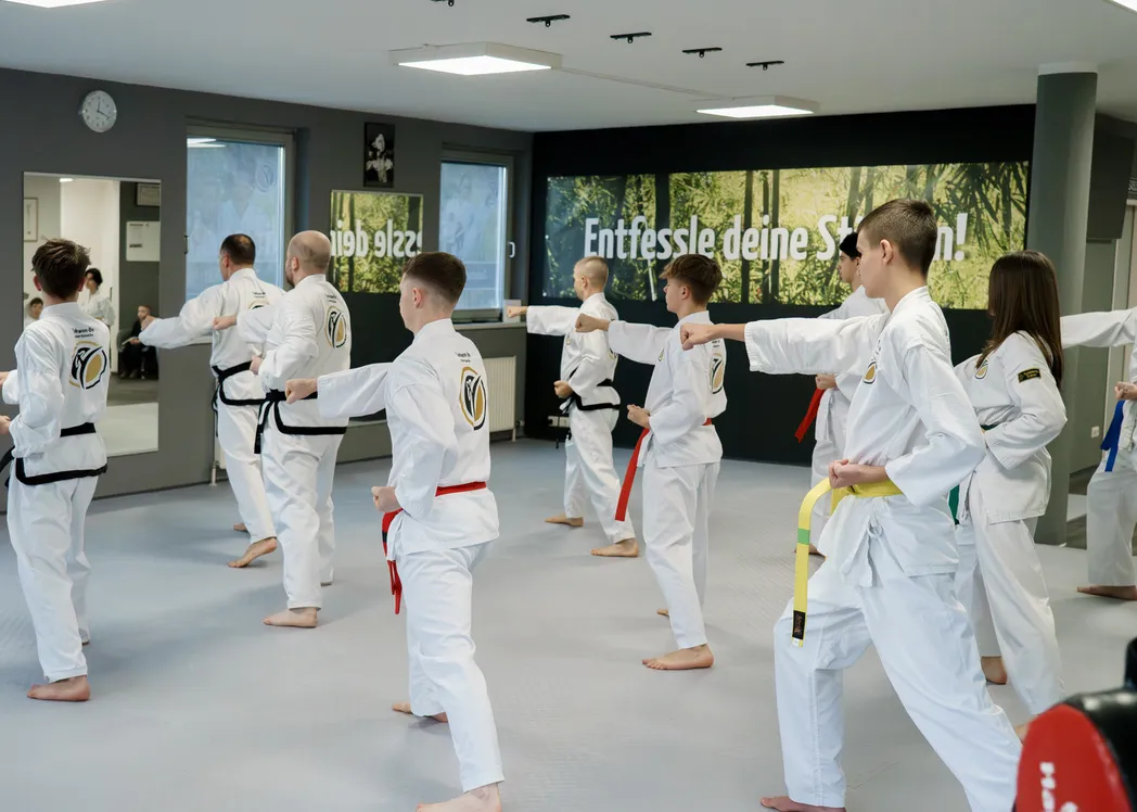 Erwachsenentraining in der Taekwon-Do Schule Salzburg – Trainingsgruppe mit verschiedenen Gürtelfarben übt eine Stoßtechnik in einer Reihe