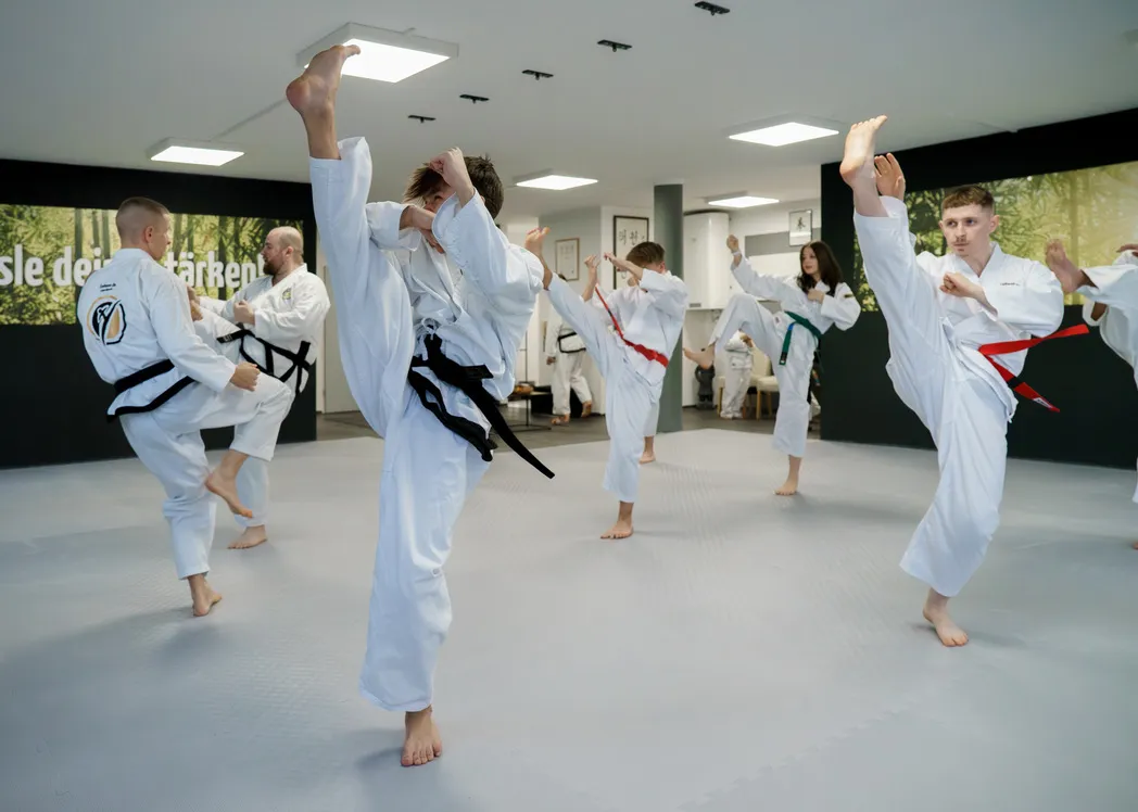 Erwachsenentraining bei Taekwon-Do Trostberg – synchroner hoher Seitkick einer Trainingsgruppe