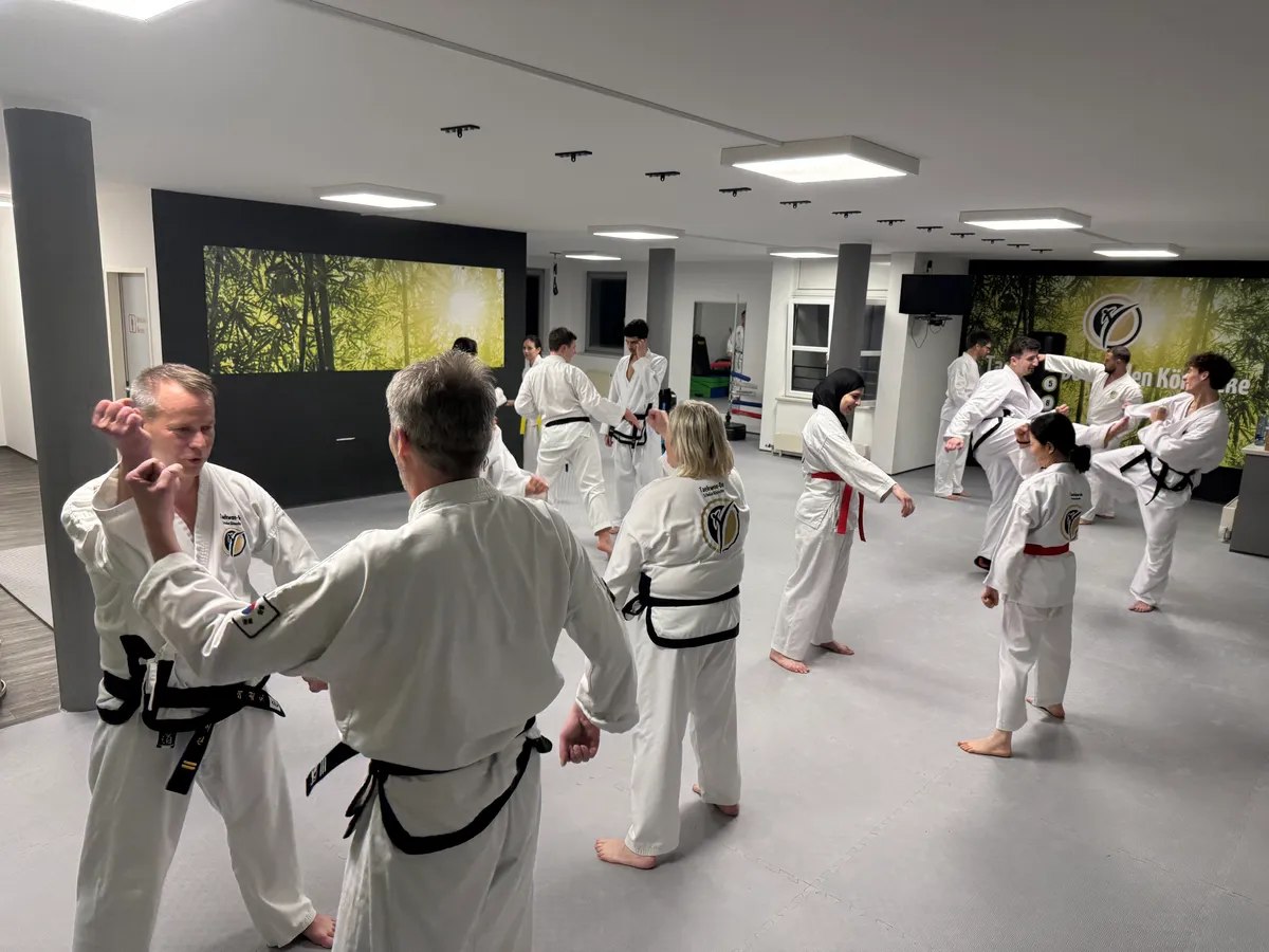 Erwachsene Trainingsgruppe in weißen Doboks übt Partnertechniken in der Taekwon-Do Schule Salzburg