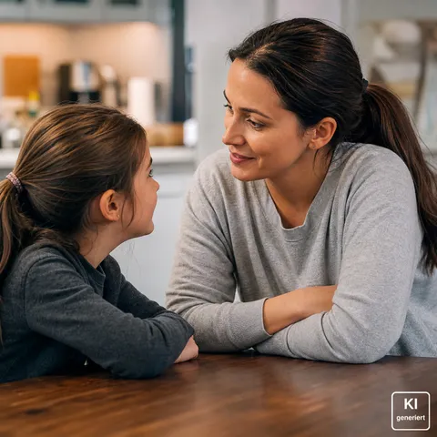 Mutter und Tochter sitzen sich am Küchentisch gegenüber, die Arme aufgestützt, und schauen sich vertrauensvoll in die Augen