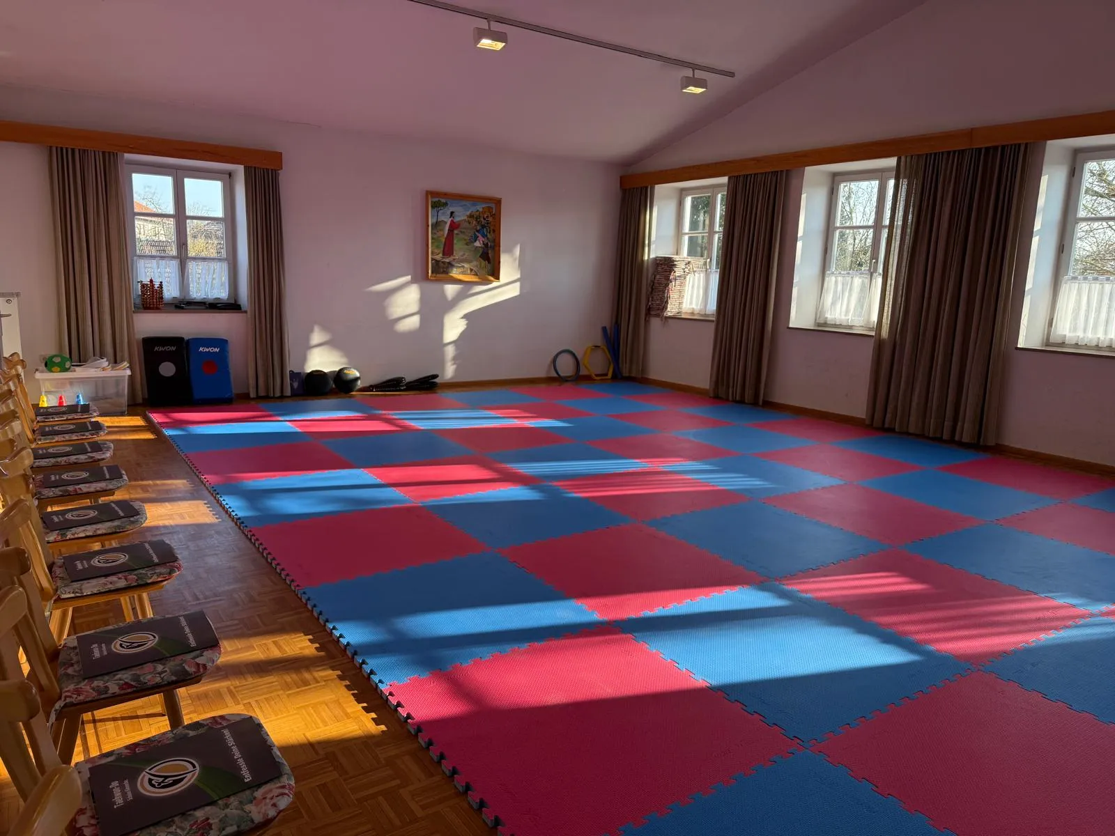 Trainingsraum der Taekwon-Do-Gruppe Garching an der Alz mit roten und blauen Matten