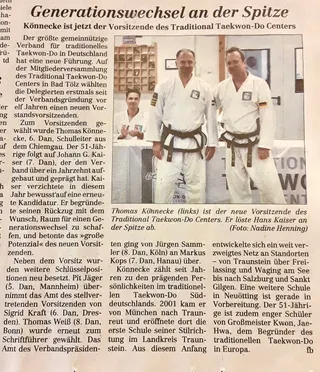 Zeitungsausschnitt "Generationswechsel an der Spitze" mit Foto von Thomas Könnecke neben seinem Vorgänger Hans Kaiser beim Traditional Taekwon-Do Center