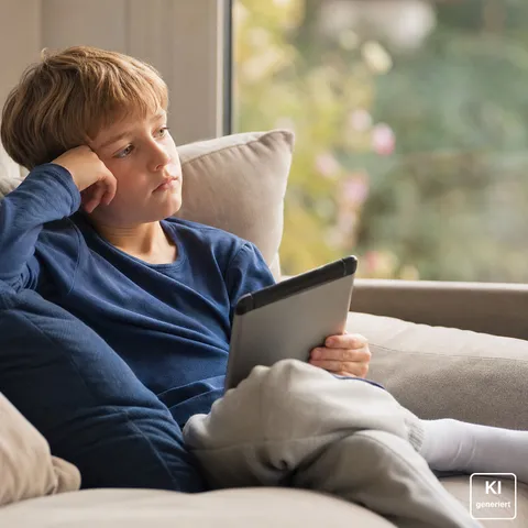 Junge liegt gelangweilt mit einem Tablet auf dem Sofa und blickt aus dem Fenster in den Garten