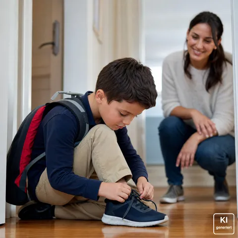 Junge mit Schulranzen bindet konzentriert seine Schuhe im Flur, während seine Mutter ihn lächelnd beobachtet