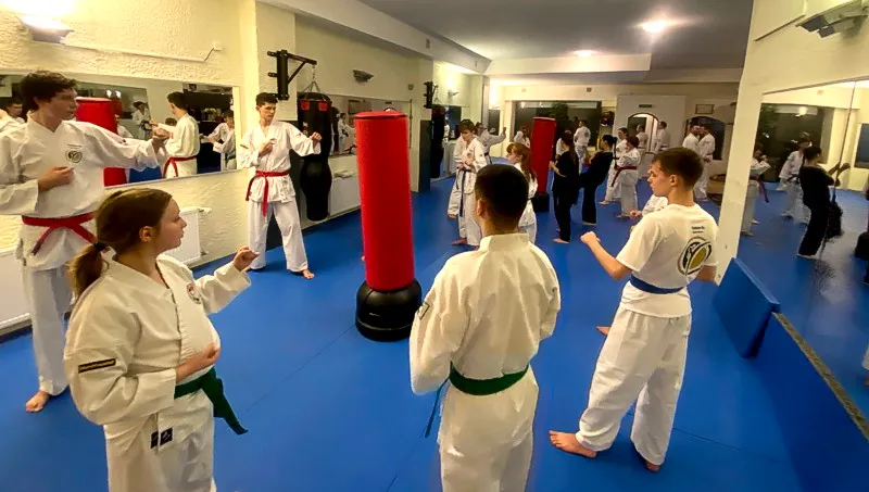 Gruppentraining bei Taekwon-Do Traunreut mit mehreren Altersgruppen gemeinsam auf der Matte