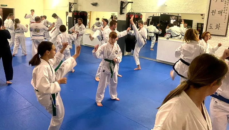 Taekwon-Do-Training in Traunreut – Trainingsgruppe bei der Kicktechnik auf der Matte