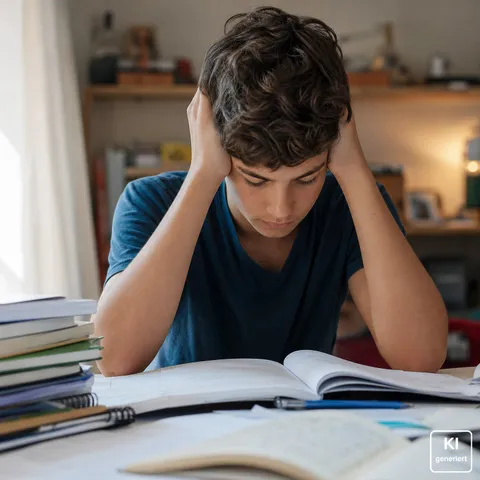 Jugendlicher hält sich gestresst den Kopf über aufgeschlagenen Schulheften am Schreibtisch