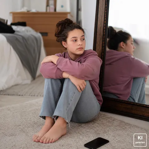 Jugendliche sitzt nachdenklich mit angezogenen Knien neben einem Standspiegel im Zimmer