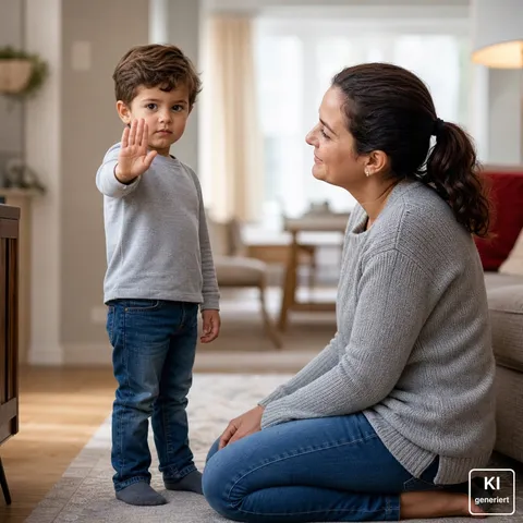 Kleiner Junge hält im Wohnzimmer abwehrend die Hand hoch, während seine Mutter vor ihm kniet und ihm aufmerksam zuhört