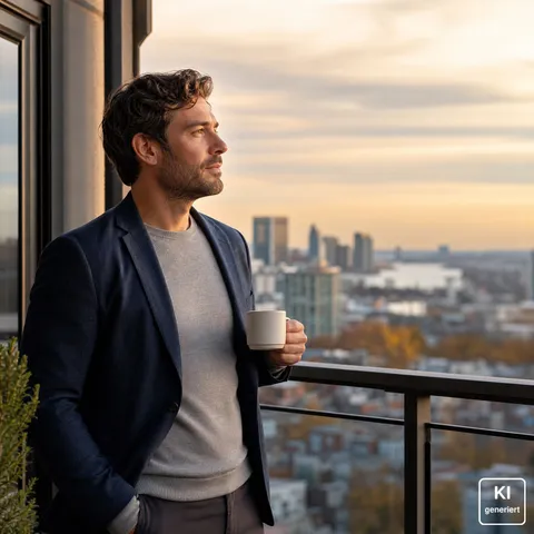 Mann im Sakko steht mit einer Tasse auf dem Balkon und blickt nachdenklich über die Stadt bei Sonnenuntergang