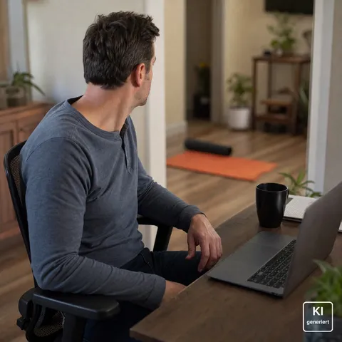 Mann sitzt in leicht gebeugter Haltung am Schreibtisch im Homeoffice, im Hintergrund liegt eine ungenutzte Trainingsmatte auf dem Boden