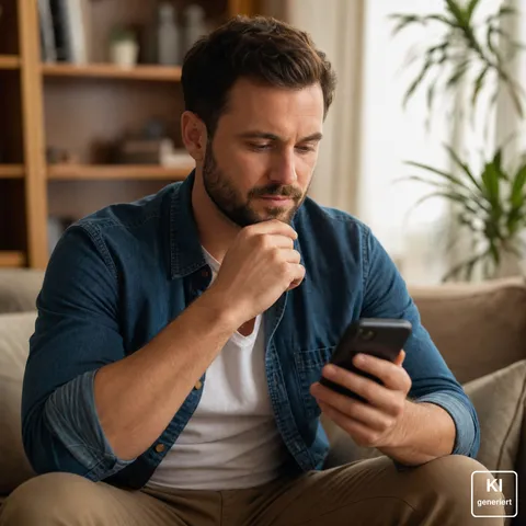 Mann sitzt auf dem Sofa, hält sein Smartphone und reagiert kontrolliert und nachdenklich beim Lesen einer Nachricht