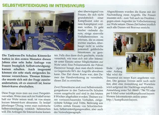 Zeitungsausschnitt "Selbstverteidigung im Intensivkurs" mit Foto eines Selbstverteidigungstrainings der Taekwon-Do Schulen Könnecke